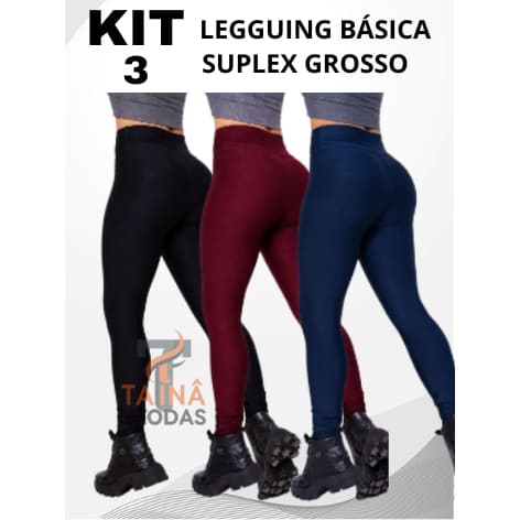 KIT 3 Calças Leguing Cintura Alta Suplex Grosso Ginástica Fitness Modeladora Academia Básica Zero Transparencia Malha