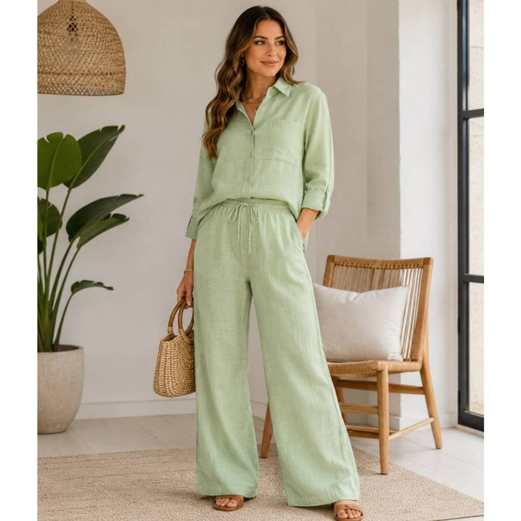 Conjunto de Linho Feminino Camisa Manga Longa e Calça Pantalona Elegante Y832