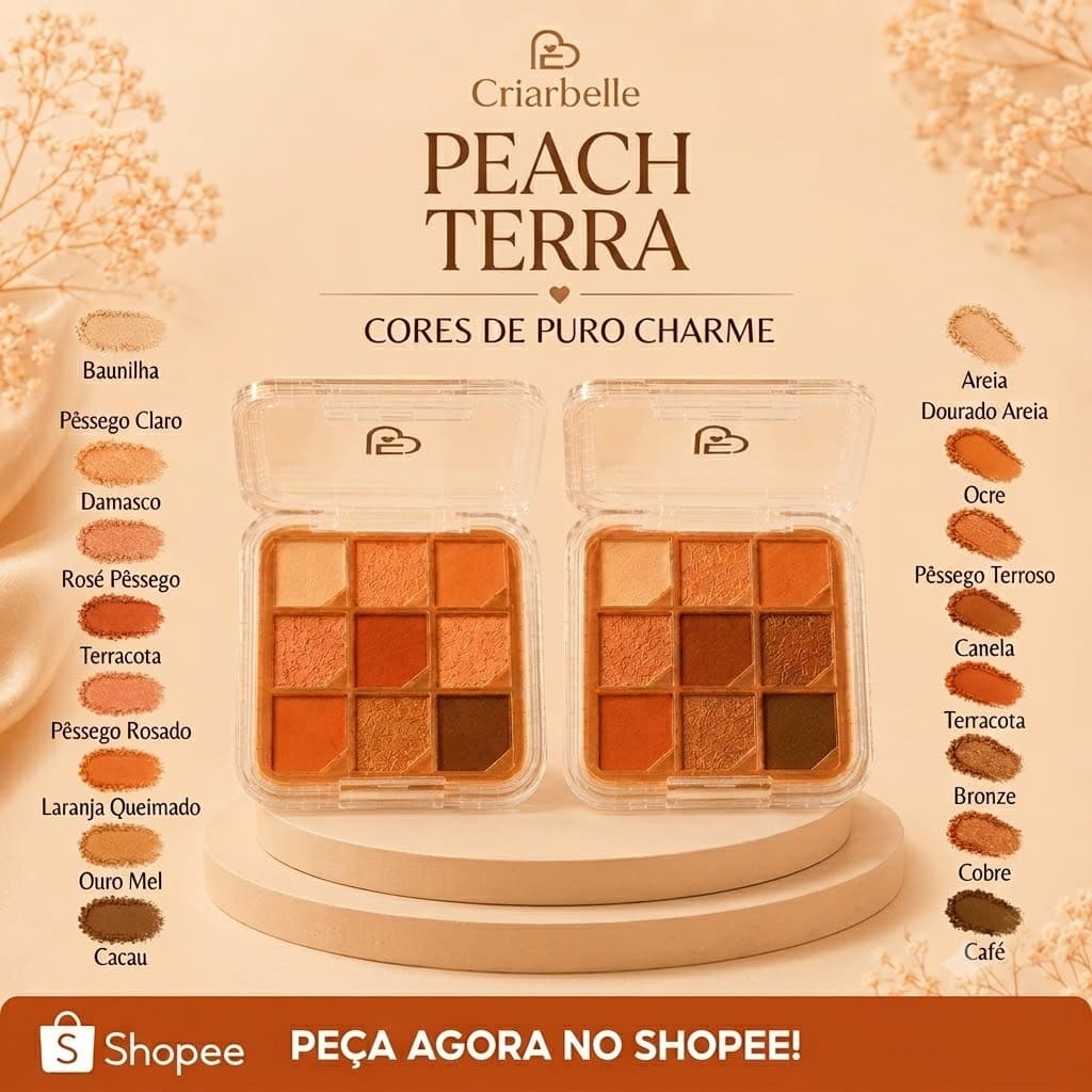 Paletas de Sombras Criarbelle - Coleção Peach & Terra (Alta Pigmentação)