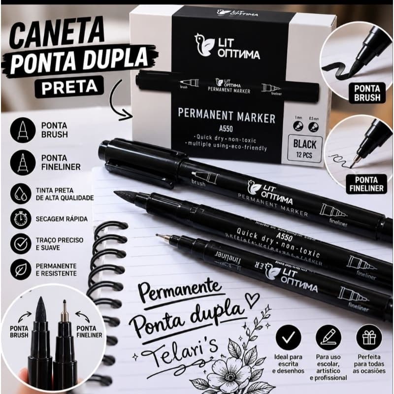 Caneta Marcador Permanente Ponta Dupla Brush Fineliner Azul Preta Kit 2 5 10 Unidades Para Vidro CD DVD Metal Acrílico