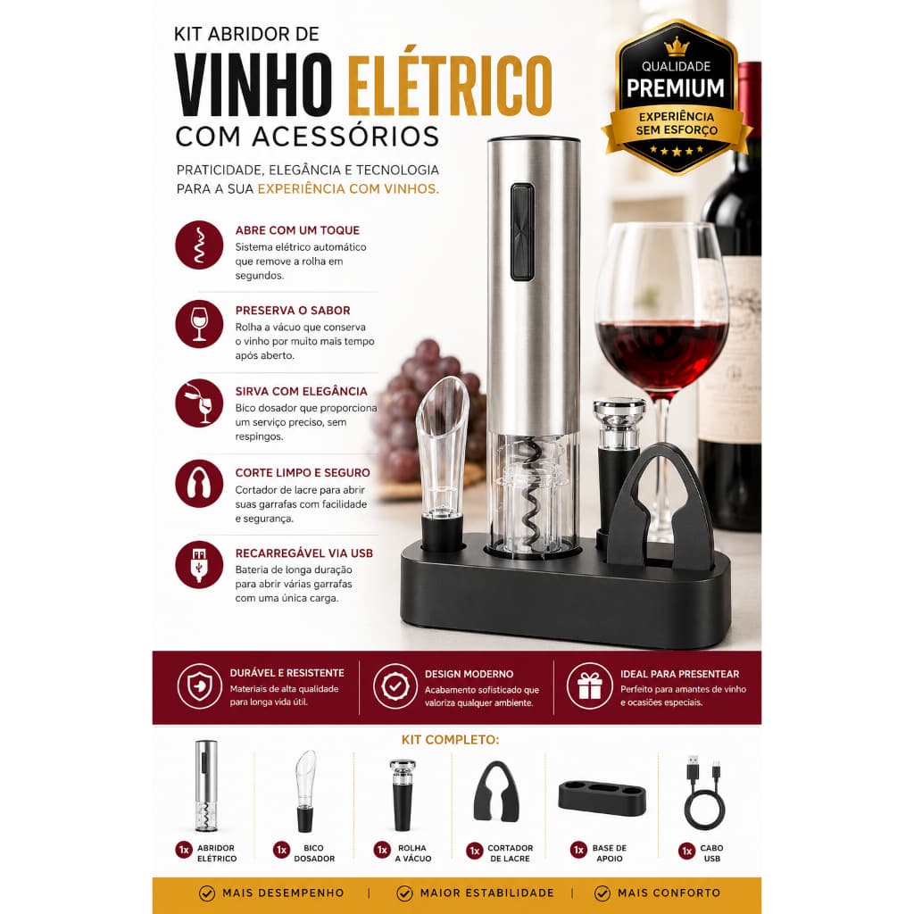 Kit Abridor De Vinho Elétrico Com Acessórios