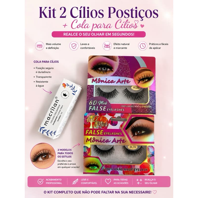 Kit 2 Cílios Postiços + Cola para cílios