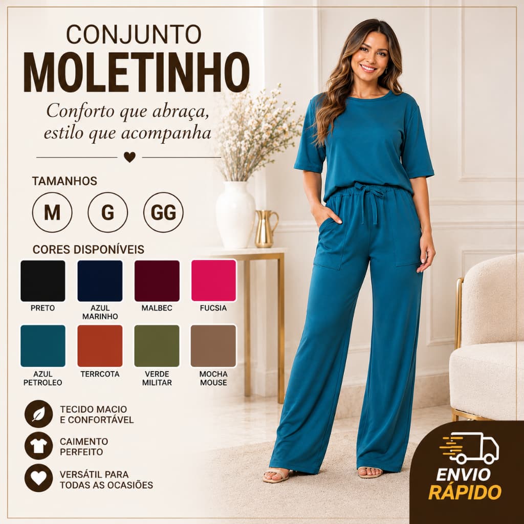 Blusa e Calça Pantalona Conjunto em Moletinho Elegante Comjunto Feminino Blusa + Pantalona M/Inverno