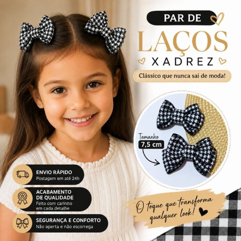 Laço infantil xadrez. Par de laços preto e branco para Meninas. Laço Pied de Poule.