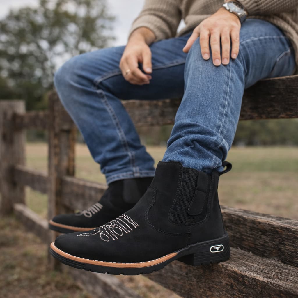 BOTINA BOTA MASCULINA COUNTRY BICO QUADRADO BORDADO BOTA TEXANA COMBOY FAZENDA RODEIO PRETO E MARROM