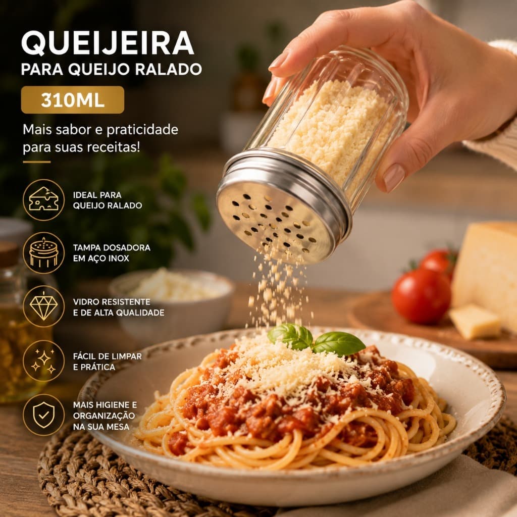Queijeira De Vidro 310ml Tampa Inox Porta Queijo Ralado Parmesão Mesa Posta Gourmet