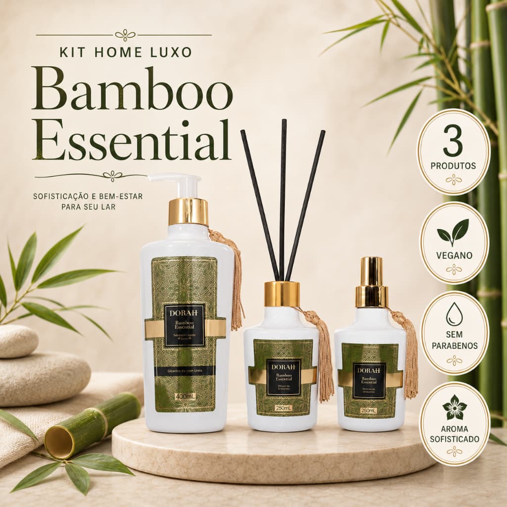 Kit Home Luxo Bamboo Essential Dorah Beauty (Sabonete, Difusor e Perfume de Ambientes)