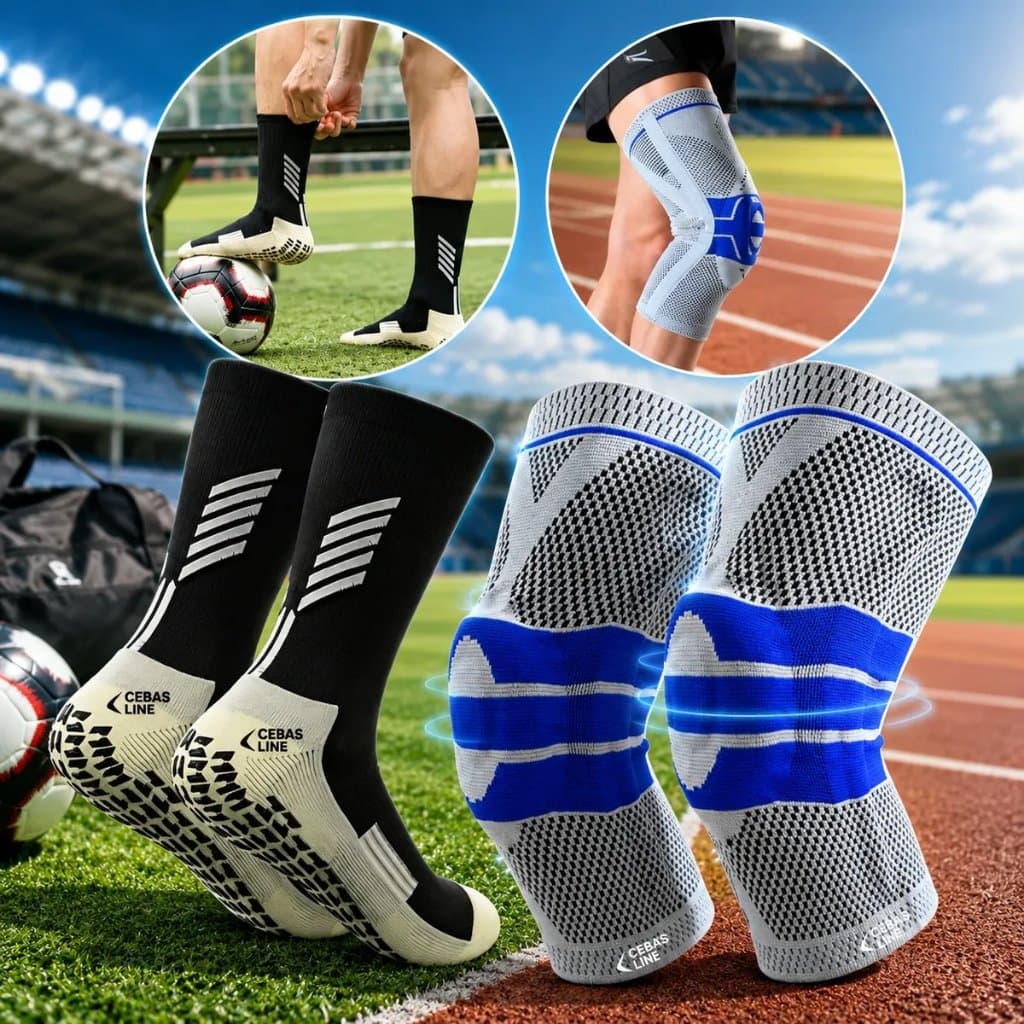 Kit Joelheira 3D Esportiva Profissional Compressão + Meia Antiderrapante Futebol Academia