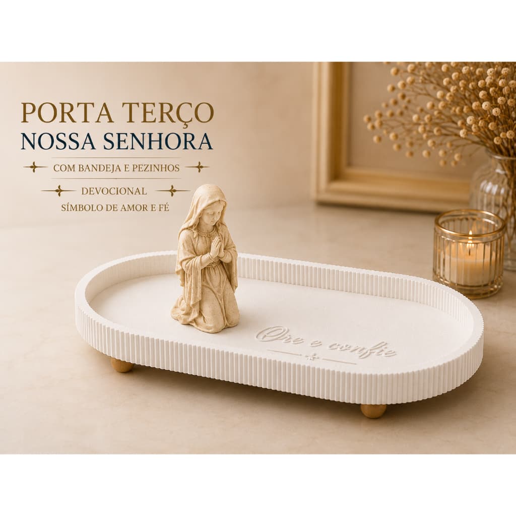 Porta Terço Nossa Senhora com Bandeja Oval Decorativa | Decoração Católica Religiosa