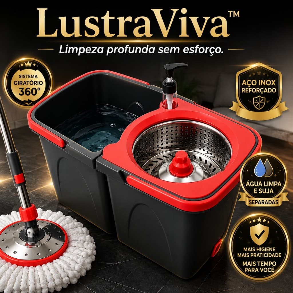 LustraViva™ Esfregão Giratório 360° com Balde Duplo e Centrífuga em Aço Inox Separação de Água Limpa e Suja
