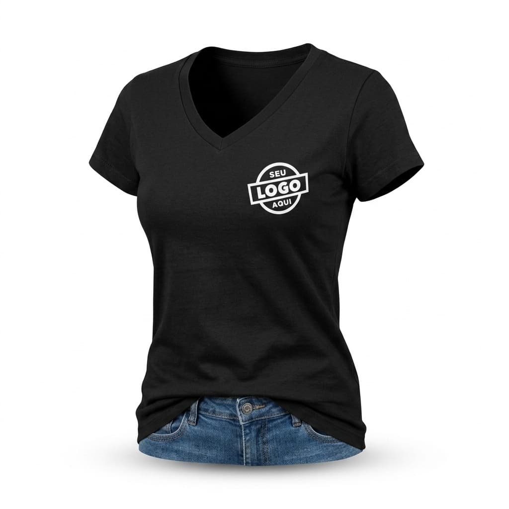 Camisa Feminina Personalizada 100% Algodão com Estampa Logo Pequena Gola V Ombro a Ombro