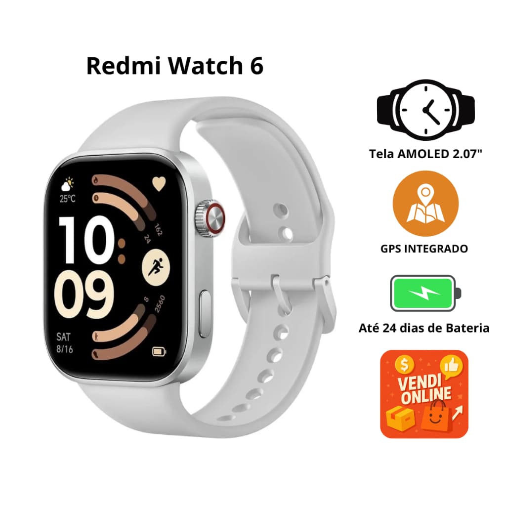 Relógio Smartwatch Redmi Watch 6 |Tela AMOLED 2.07" | GPS Integrado | Bluetooth Chamadas | 5ATM | até 24 dias de Bateria