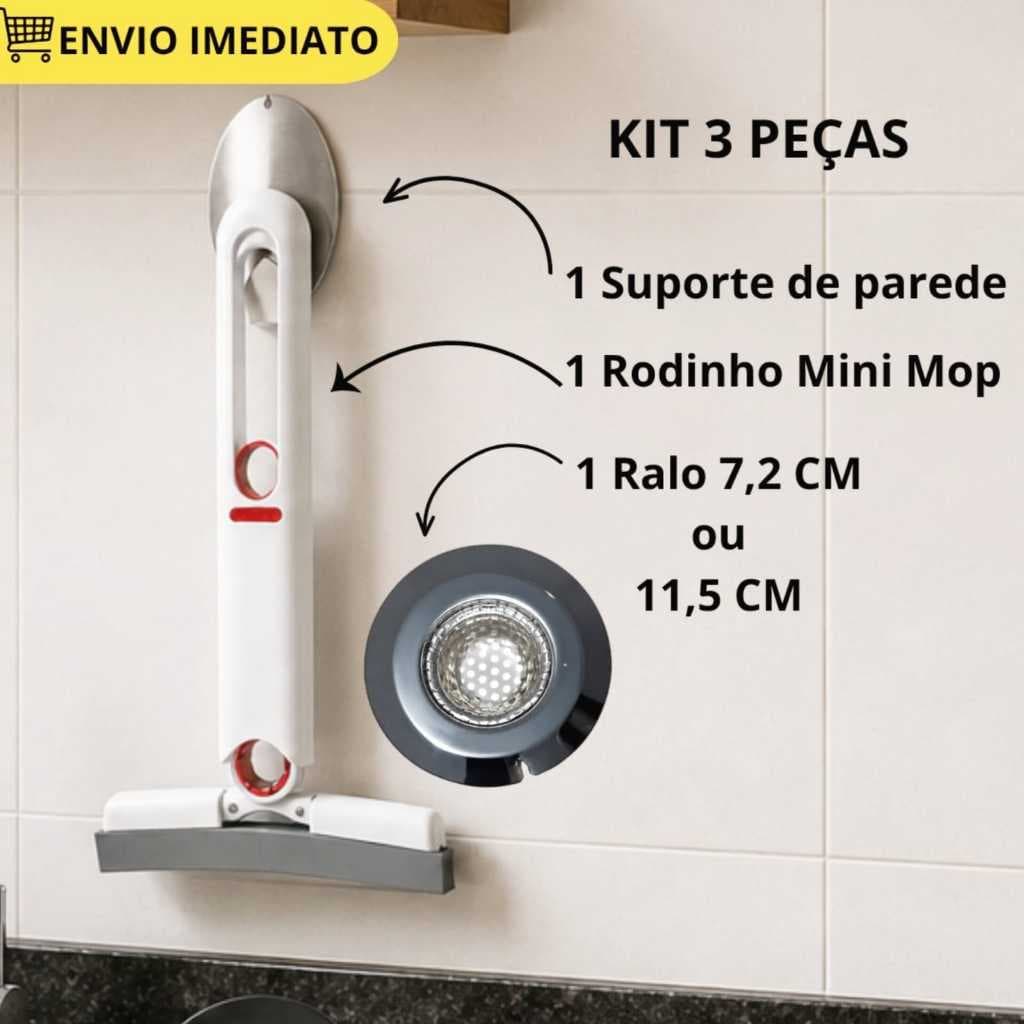 Kit Pia Cozinha 3 Peças Rodo Mágico + Suporte de Parede + Ralo 7,2 CM ou 11,5 CM