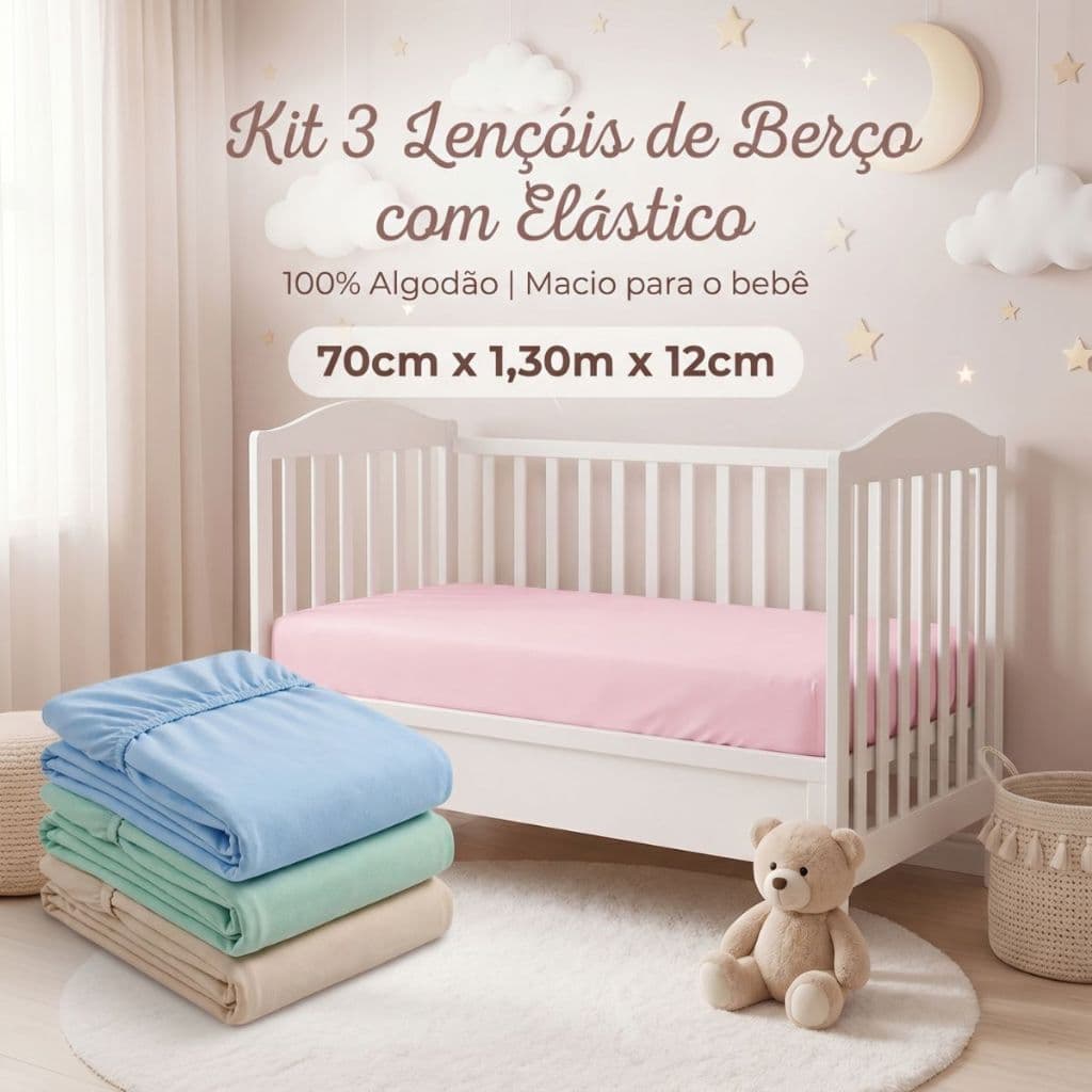Kit 3 Lençol Berço Americano Infantil Liso Fio 30/1 Penteado Macio Com Elástico Masculino Feminino