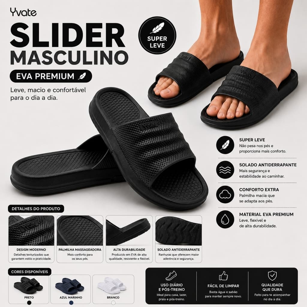 Chinelo Slider Masculino Yvate Confortável Casual