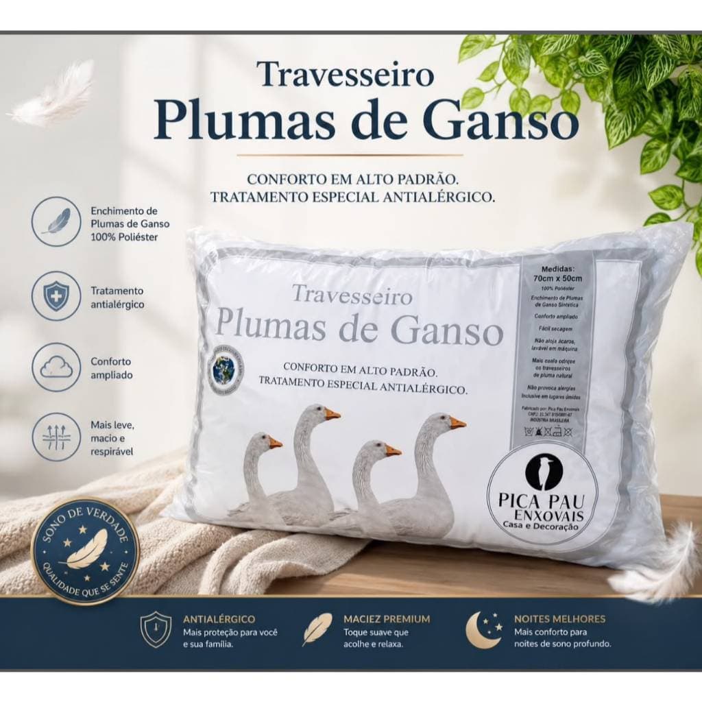 Travesseiro Luxo Pluma de Ganso Sintético 70x50cm Extra Macio e Confortável.
