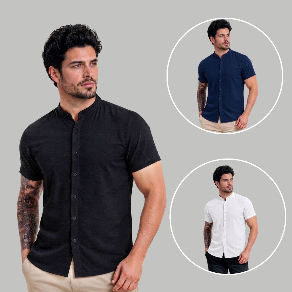 Kit 3 Camiseta Gola Padre Social Manga Curta Slim Algodão Masculina Blusa Básica Premium Aspecto Linho
