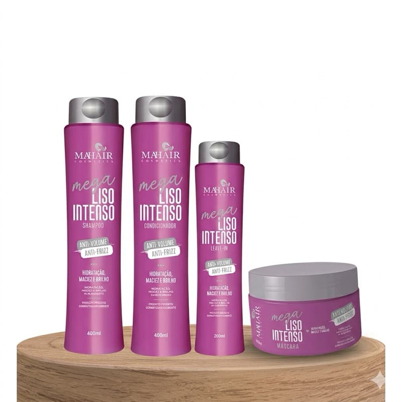 Kit 4 produtos Mega Liso Intenso Shampoo Condicionador Mascara Leave-in Anti Frizz Hidratação e Brilho