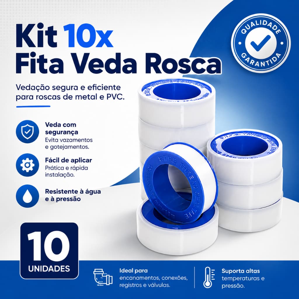 Kit 10 Fitas Veda Rosca Teflon 10m x 12mm Torneiras Hidraulica