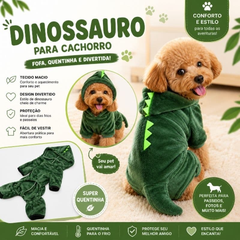 Roupa Pet Dinossauro para Cachorro e Gato Verde Pelúcia Quentinha Inverno com Capuz