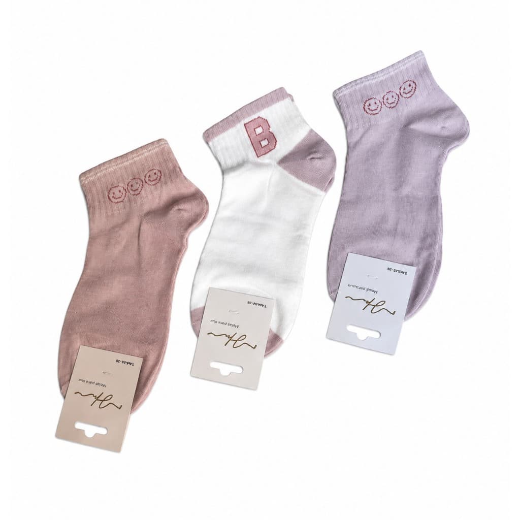 Kit 3 Pares de Meia Esportiva feminina Cano Curto Sport – Algodão, Poliéster, Confortável e Antissuor