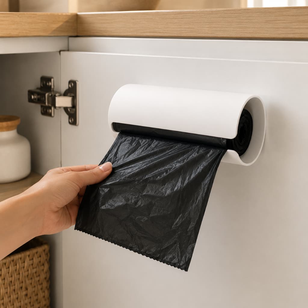 Suporte Rolo Saco de Lixo Casa Cozinha Banheiro Dispenser Porta Sacolas de Supermercado Puxa Saco