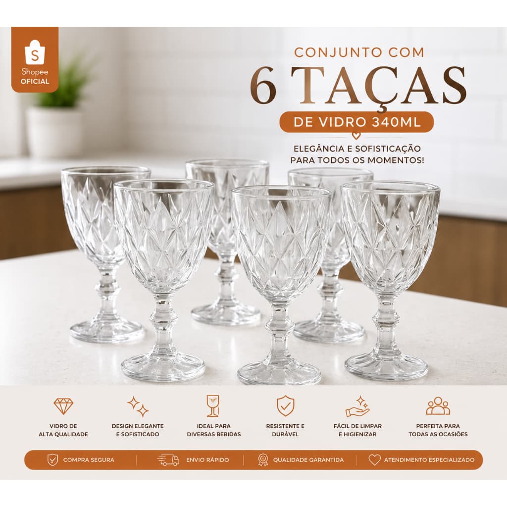 OFERTA - Kit 6 Taças de Vidro 340ml Design Sofisticado Para Bebidas e Drinks