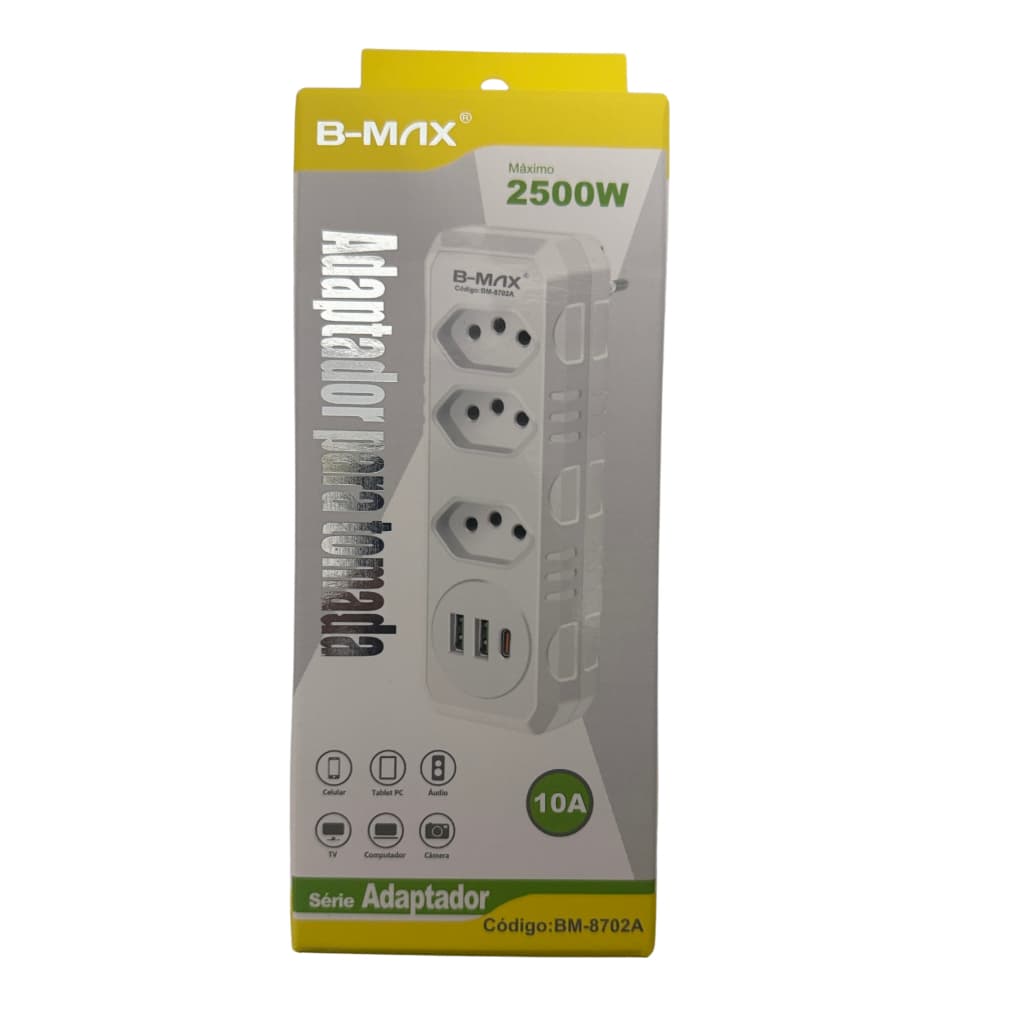 Adaptador Tomada Triplo com 2 USB-A e 1 USB-C – B-Max BM-8702A – Carregue 6 Dispositivos de Uma Vez – Bivolt