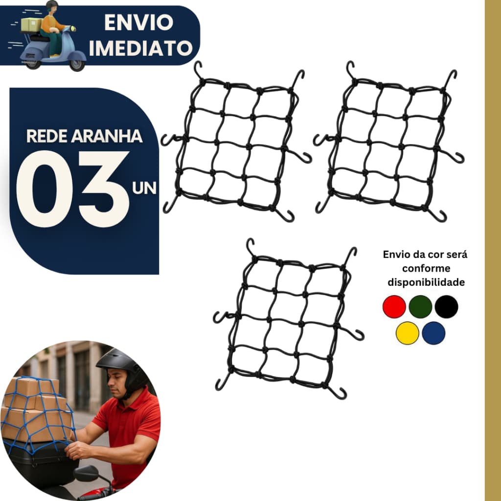 Rede Elástica Aranha 3 ou 2 ou 1 pç p Moto 30x30cm Ganchos Metal Capacete Segurança Transporte