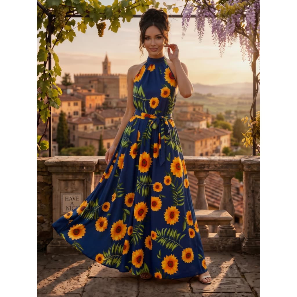 Vestido Longo Com Estampa Floral Completa,Sem Alças E Sem Costas Halter,Estilo Fluído Para Férias