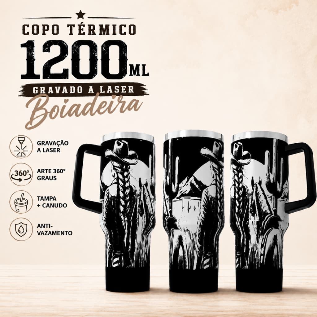 COPO TÉRMICO 1200ML COPÃO GARRAFA FLIP 650ML ARTE 360º GRAUS COPO INTEIRO TEMA: MULHER CAVALEIRA CAVALO MULHER BOIADEIRA