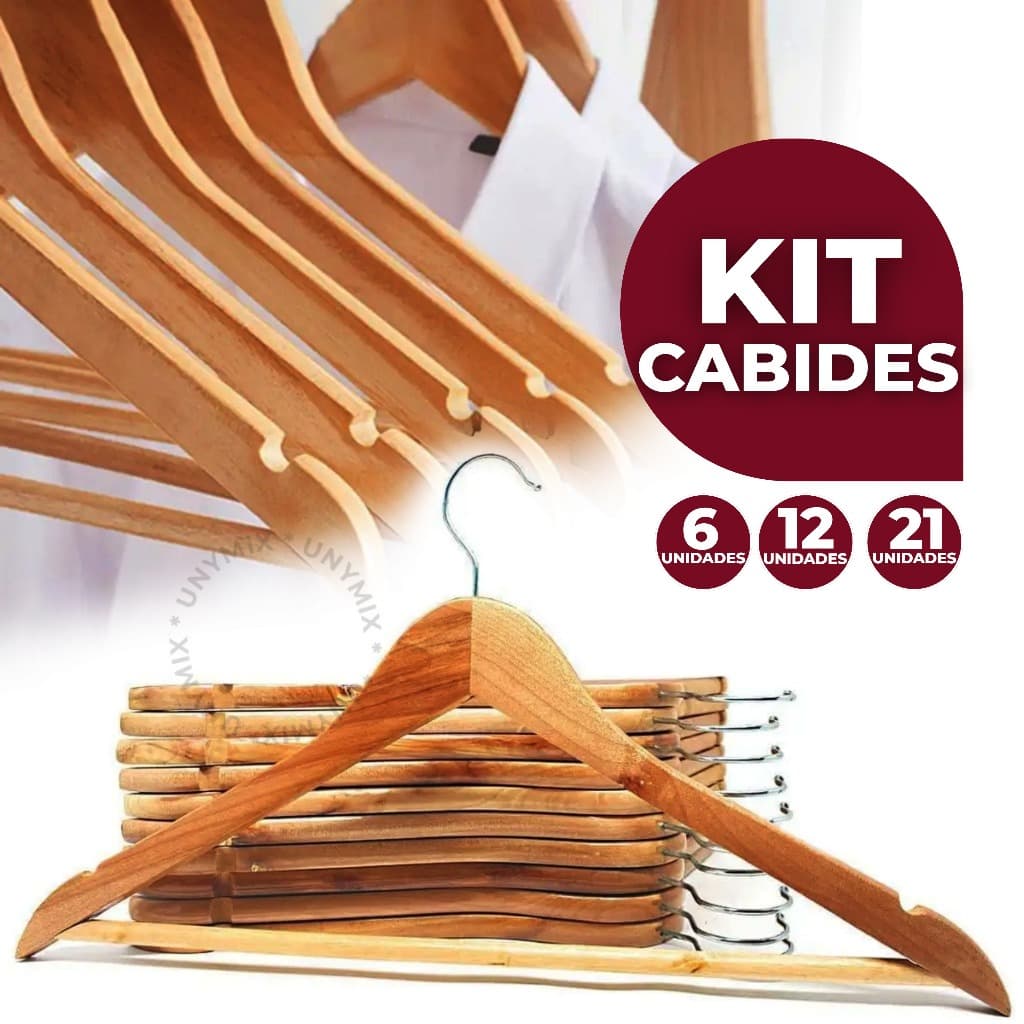 Kit 6/12/21 Cabides De Madeira Premium Marfim Para Roupas Calça Gancho Cromado