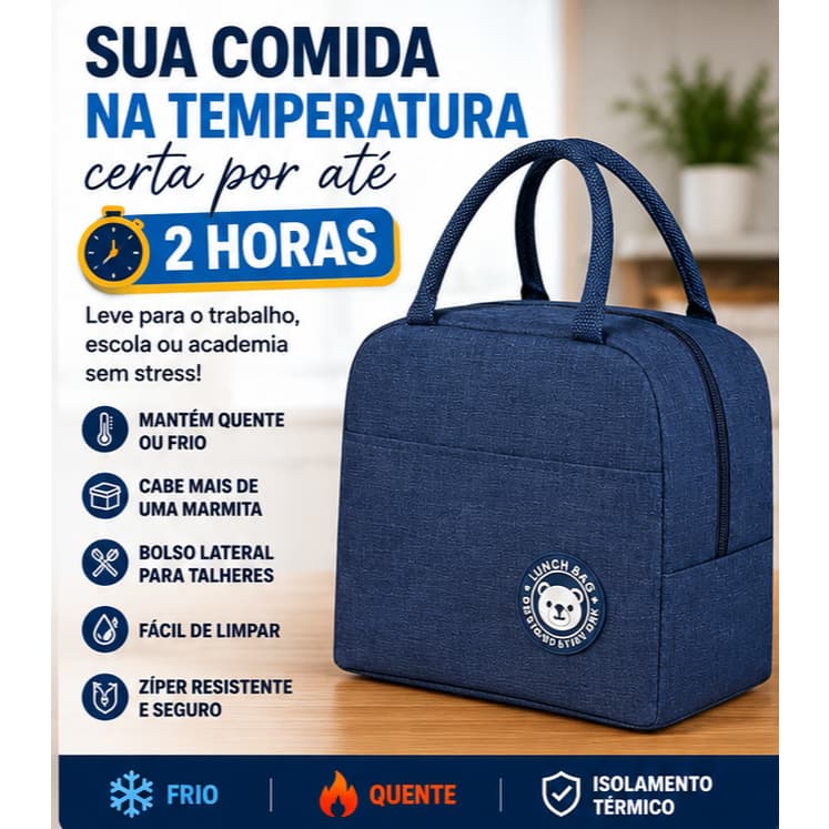 Bolsa Térmica Marmita 4 Litros com Bolso Lateral - Lancheira Trabalho Escola Poliéster Zíper - AZUL