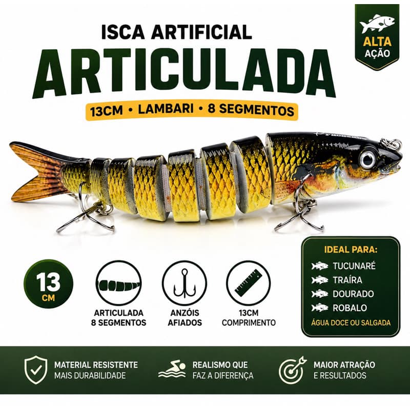 Isca Artificial Lambari Articulada Agua Doce Ou Salgada 13cm pesca Tucunaré Traíra Dourado Robalo molinete ou carretilha