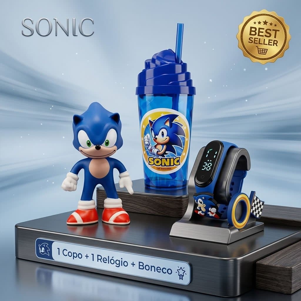 Kit Temático Sonic / Stitch / Angel / Homem Aranha: Relógio, Copo e Boneco