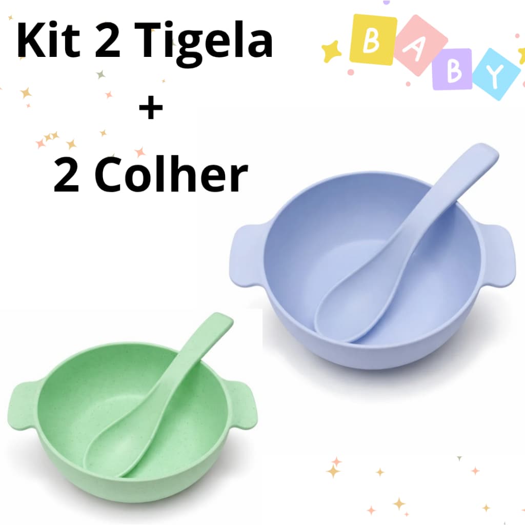 Kit 2 Tigela Bowl + 2 Colher Refeição Menino Infantil Bebê Criança Plástico Ecológico