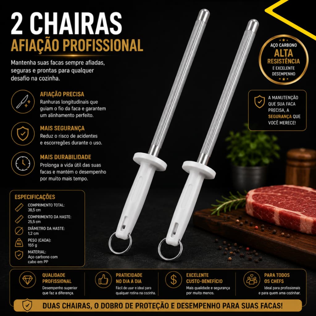 2, 3 ou 1 un - Fuzil De Afiar Facas Chaira 10" Premium Amolador De Cozinha 38cm