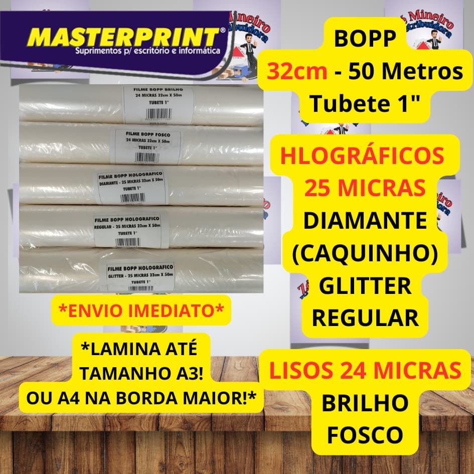 Filme BOPP 32cm 50 Metros Holografico e Liso Brilho/Fosco Masterprint Tubete 1" Caquinho, Glitter