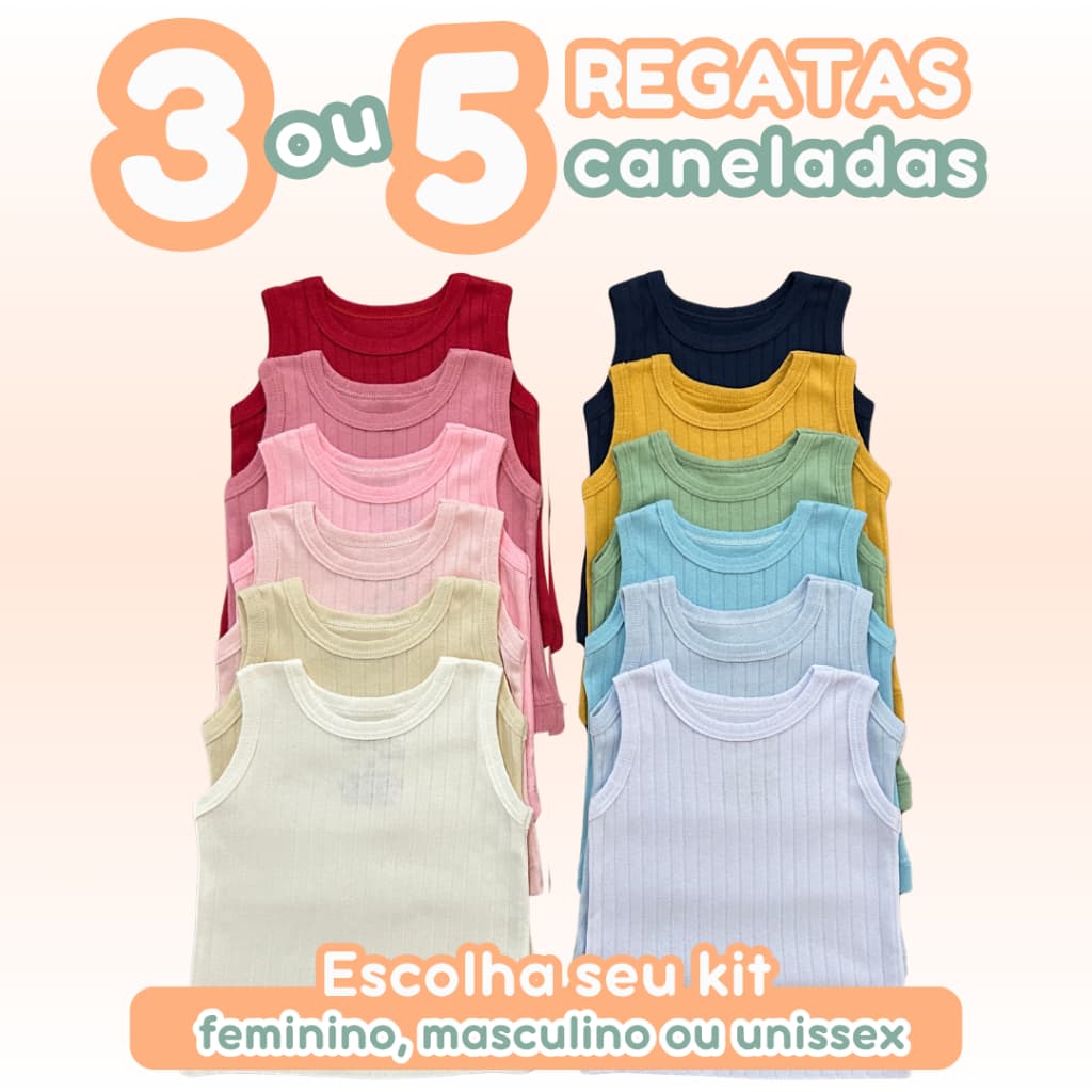 Kit 3 ou 5 Regatas Bebê 100% Algodão Canelado Comfort Premium Calor Verão Cores Feminino Masculino Unissex Zuraffa Baby