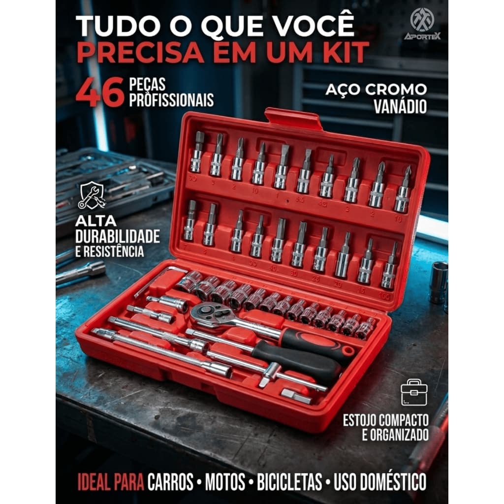 KIT SOQUETE 46 PEÇAS COM CATRACA PROFISSIONAL AÇO CR-V MALETA