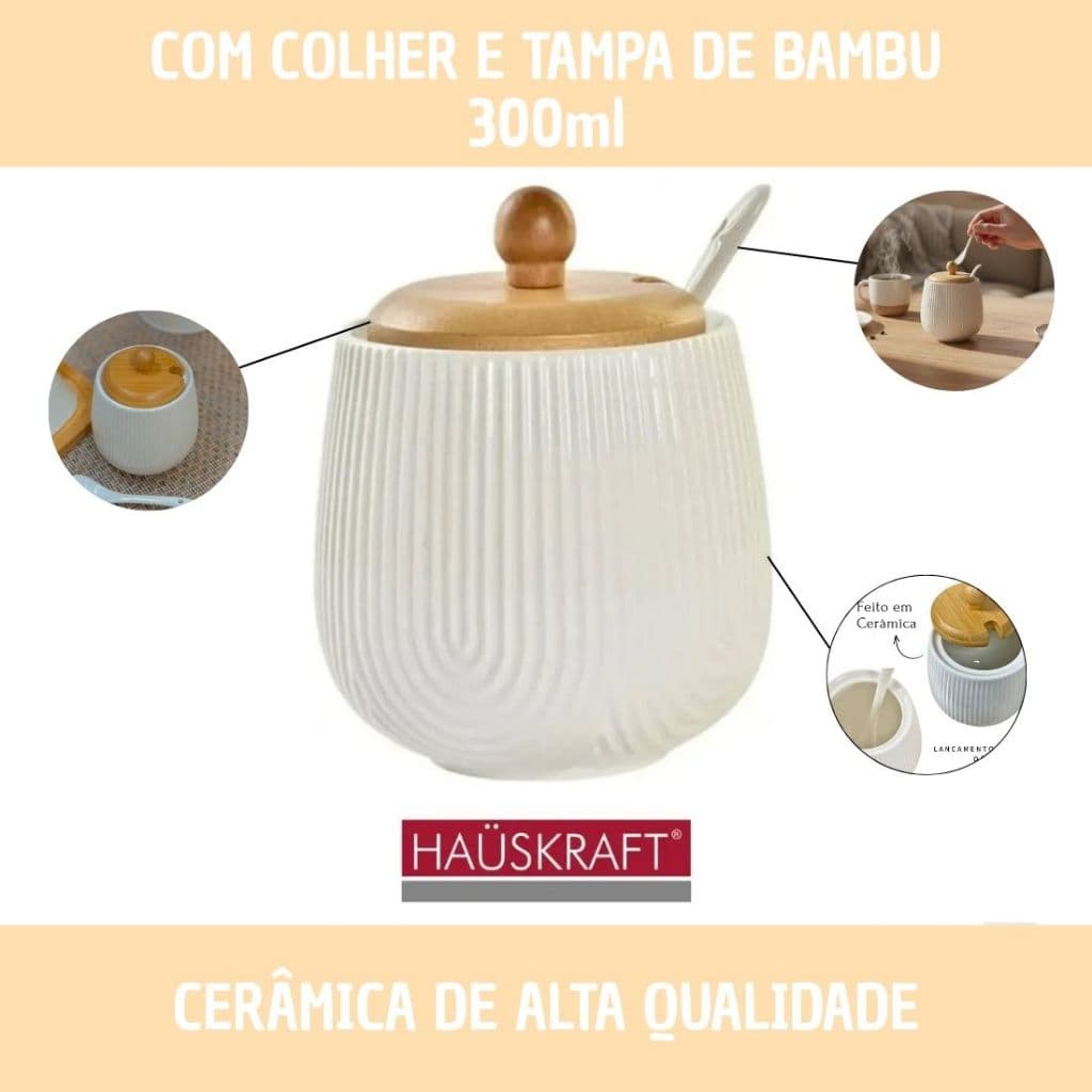 Açucareiro com Colher Hauskraft Oasis 300ml de Cerâmica Com Tampa de Bambu Sofisticado Elegante