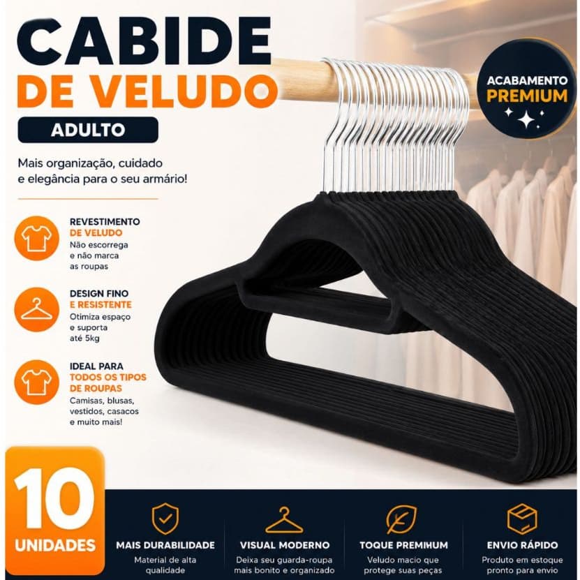 Kit 10 - 50 Cabides Veludo Para Roupas Anti-derrapante Adulto Unidades Resistente Organizador