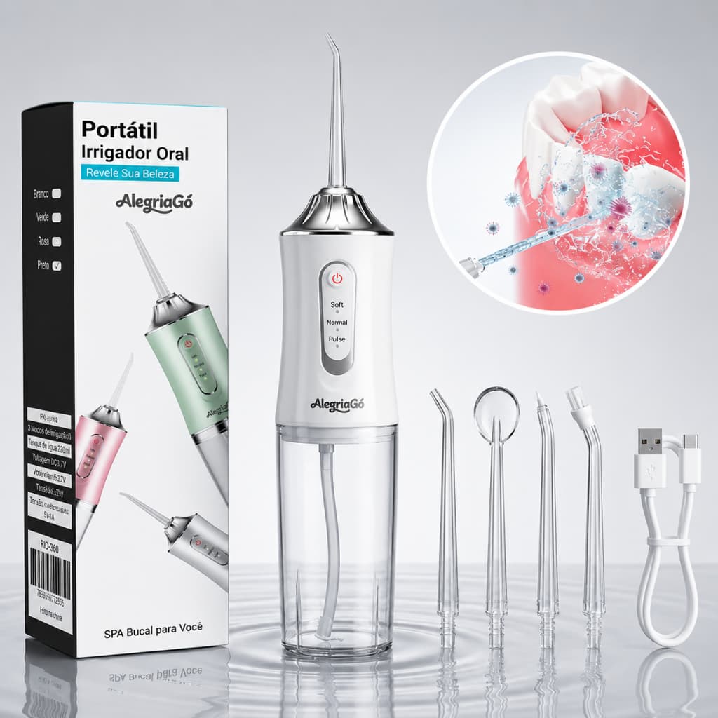 Irrigador Oral Portátil Recarregável USB Type-C 220ml 4 Bicos 3 Modos IPX7 Branco Rosa Verde Preto