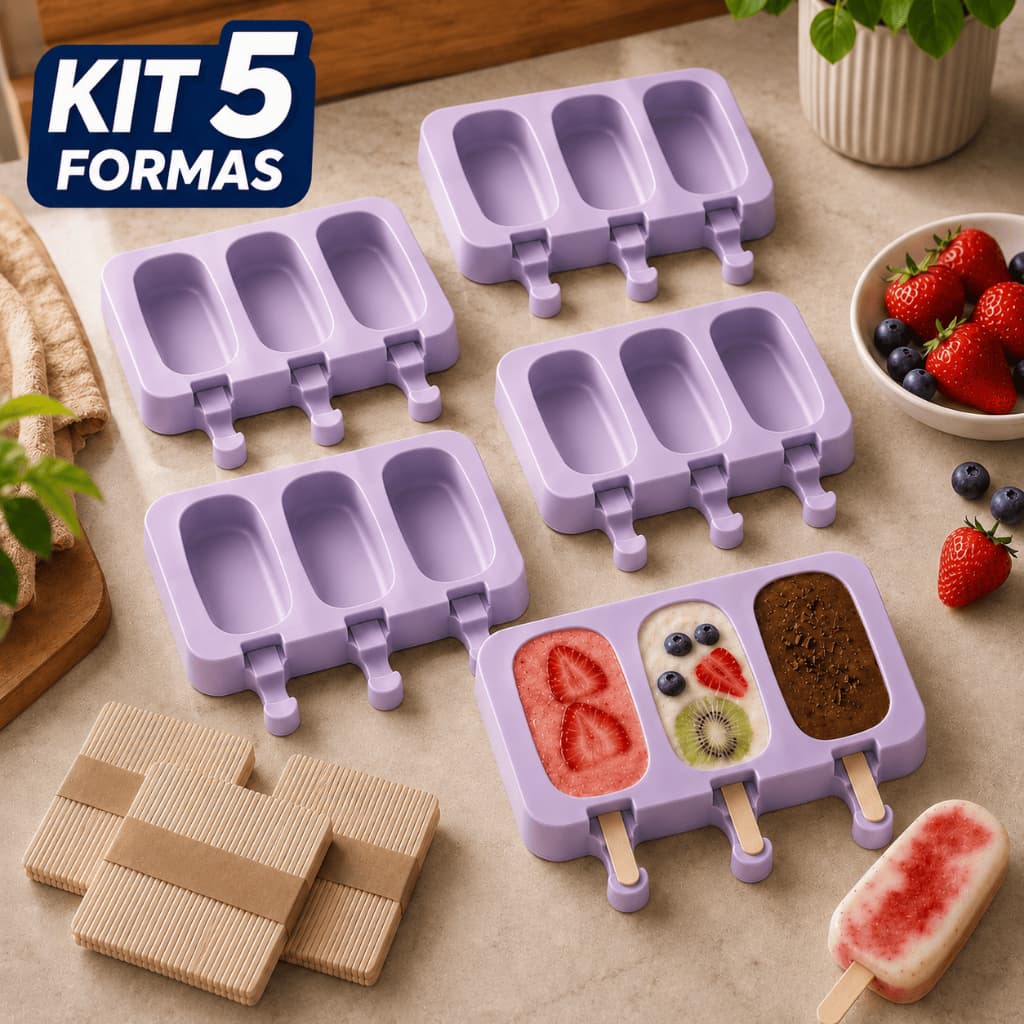 Formas de Picolé em Silicone 5 unidades com Tampa 250 Palitos Moldes para Sorvete Caseiro com Palitos Reutilizáveis