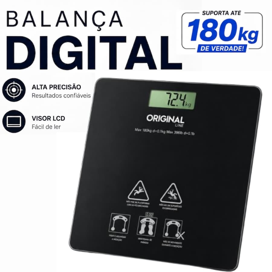 Balança Digital 26cm Academia Suporta Ate 180KG Vidro Visor LCD Desligamento Automatico
