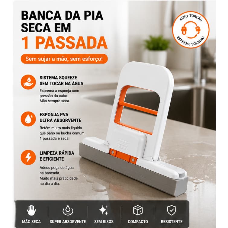 Rodo de Pia Mini Mop Esponja PVA com Auto-Torção - Limpeza Bancada Cozinha Banheiro Sem Molhar Mão