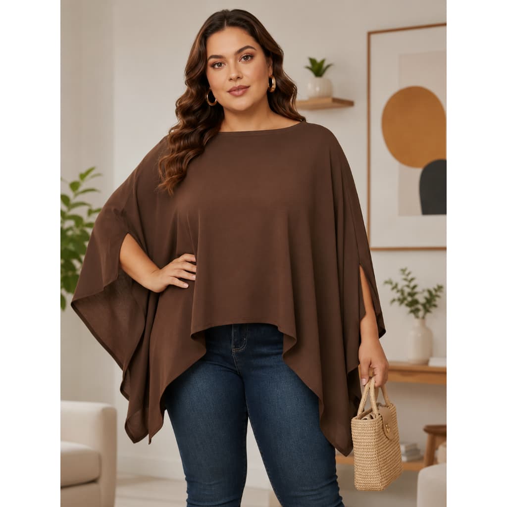 Blusa Capa Plus Size Feminina Elegante Soltinha Manga Morcego Com Top Moda Inverno Tendência Confortável
