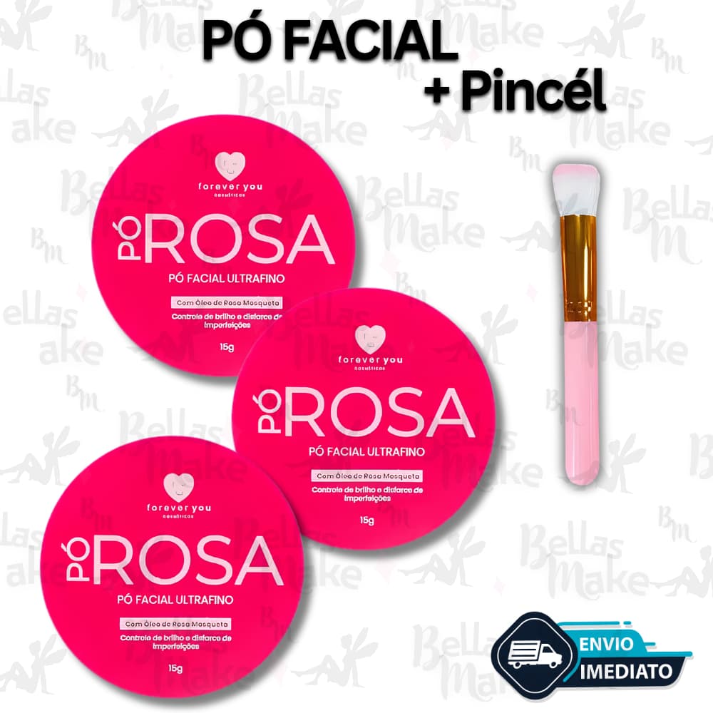 Kit Pó Facial Rosa Mosqueta Até 3 Unidades E 1 Pincel De Maquiagem Efeito Matte Pele Aveludada