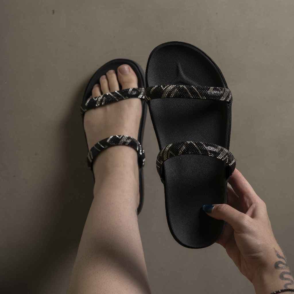 Sandália Feminina Papete Birken Strass Glam Brilhosa Confortável