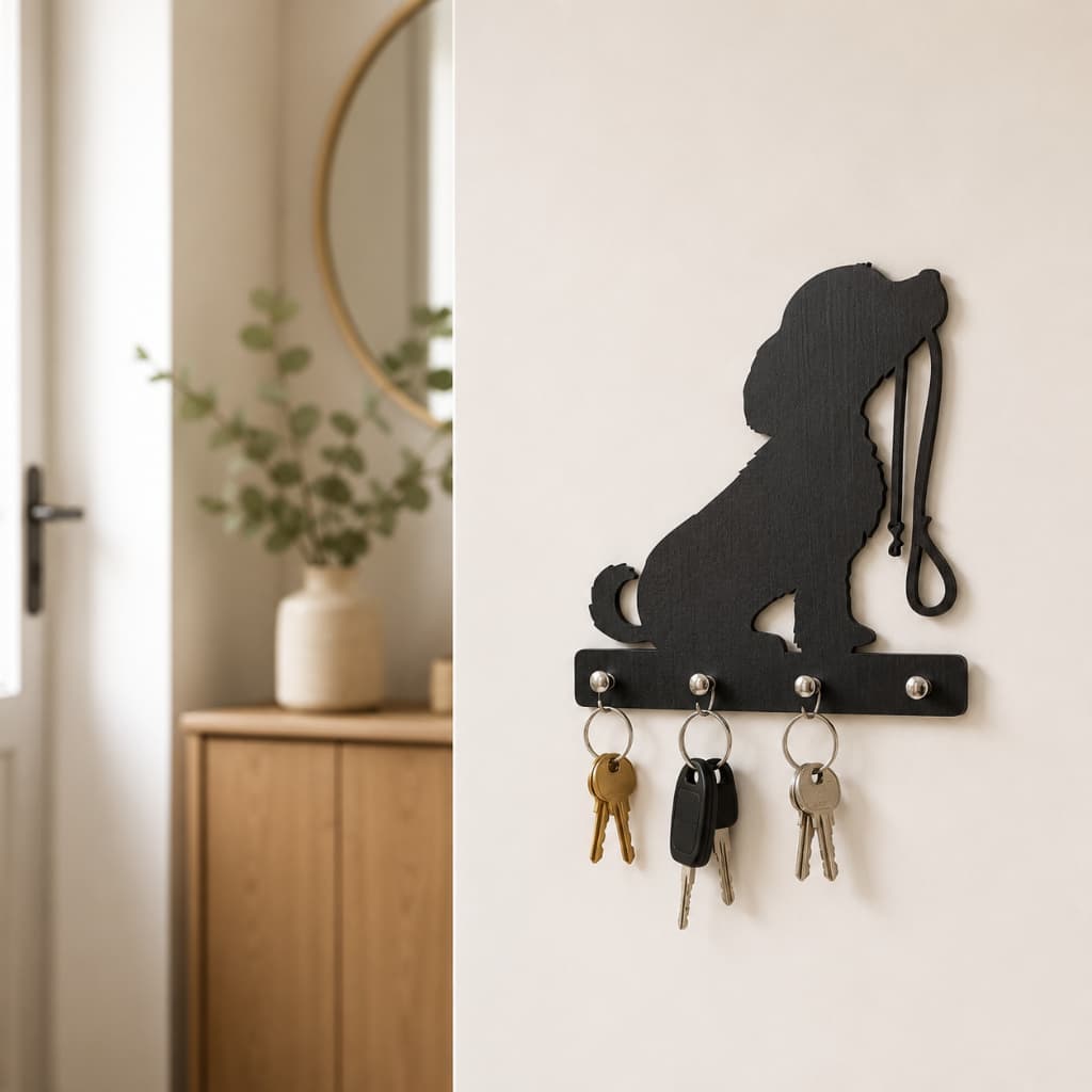 Porta Chaves de Parede Decoração Cachorro Mdf Premium Preto 20x20cm